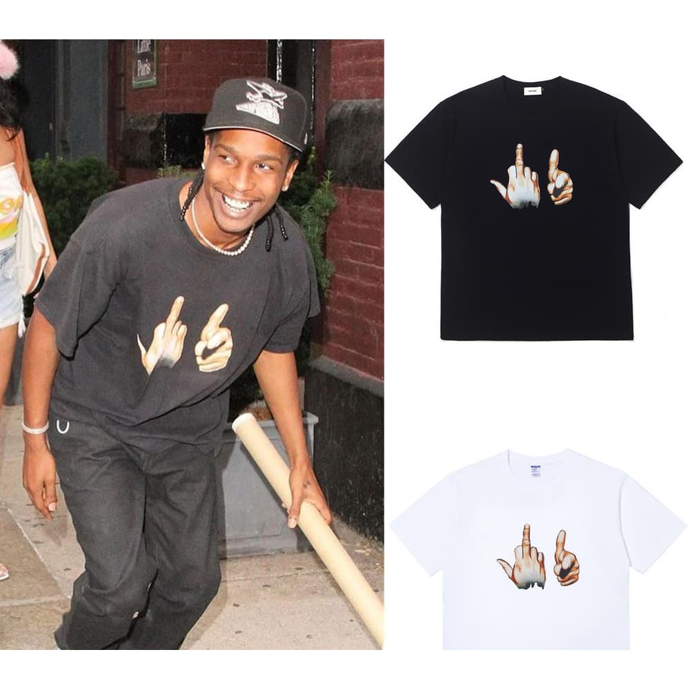 Men's Loose Trendy American Star Style Kanye ASAP ROCKY Personalized Gesture Print Hip Hop Short Sleeve T-shirt