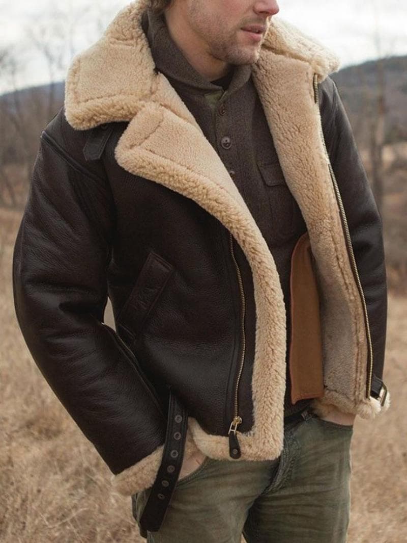 Men Leather Winter Coat Real Warm Explosive Style Sherpa Men's Large Motorcycle Jacket Fashion Fur Integrated