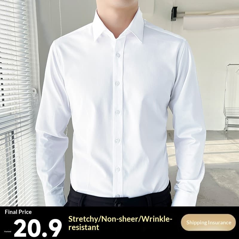 Pulse Pulse White Men Long Sleeve Business Professional Formal Wear Wrinkle-Resistant Slim Fit Commuter Spring Autumn Workwear Solid