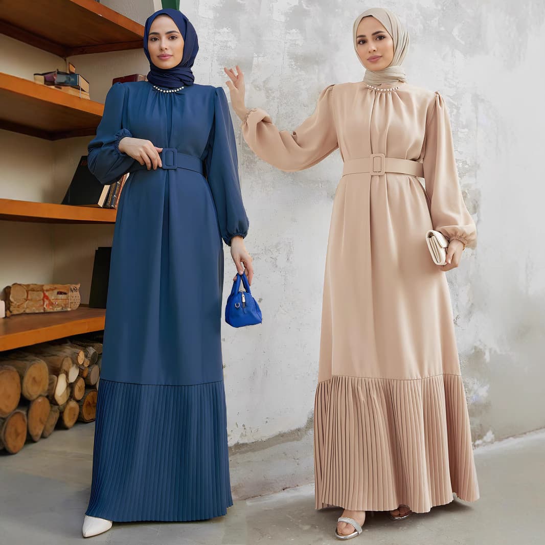 Women's Clothing A1457 Elegant Beaded Pleated Dress Middle Eastern Muslim Long Dress (without headscarf)