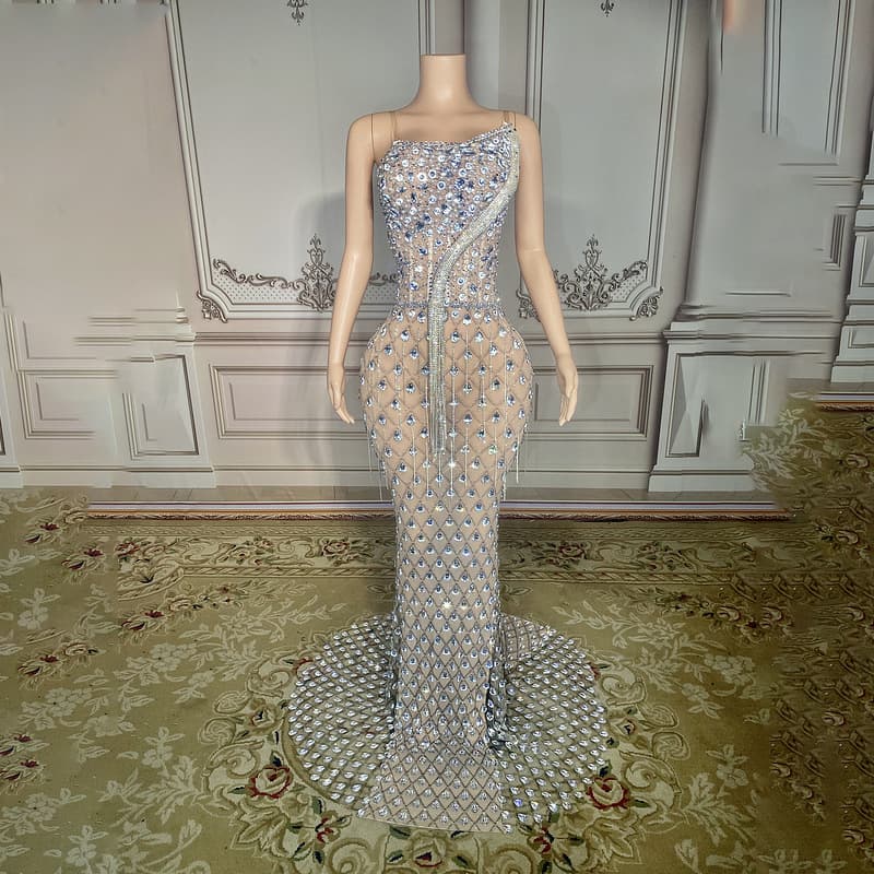 Women's Clothing Sparkling Diamond Sling Sleeveless Backless Sexy Elegant Fishtail Luxury Dress