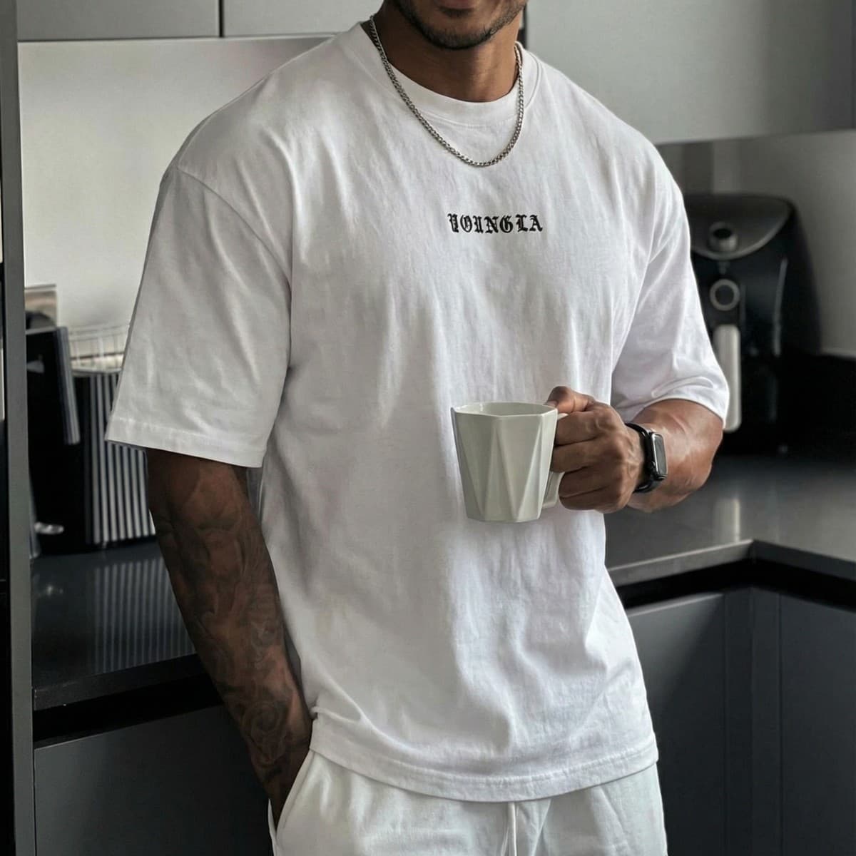 YOUNGLA Men's Oversized Cotton T-Shirt – Breathable Gym & Streetwear Tee, Relaxed Fit For Workouts & Casual Wear (S-XXL, White/Grey/Black)