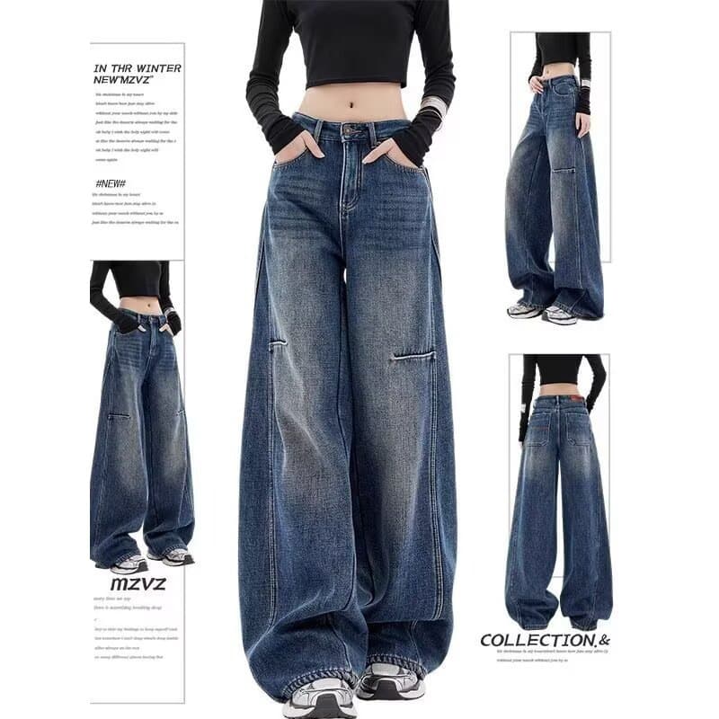 "Women's Vintage Wide-Leg Jeans – 90s Retro High-Waisted Distressed Denim With Raw Hem, Oversized Streetwear Fit, Unisex Aesthetic"
