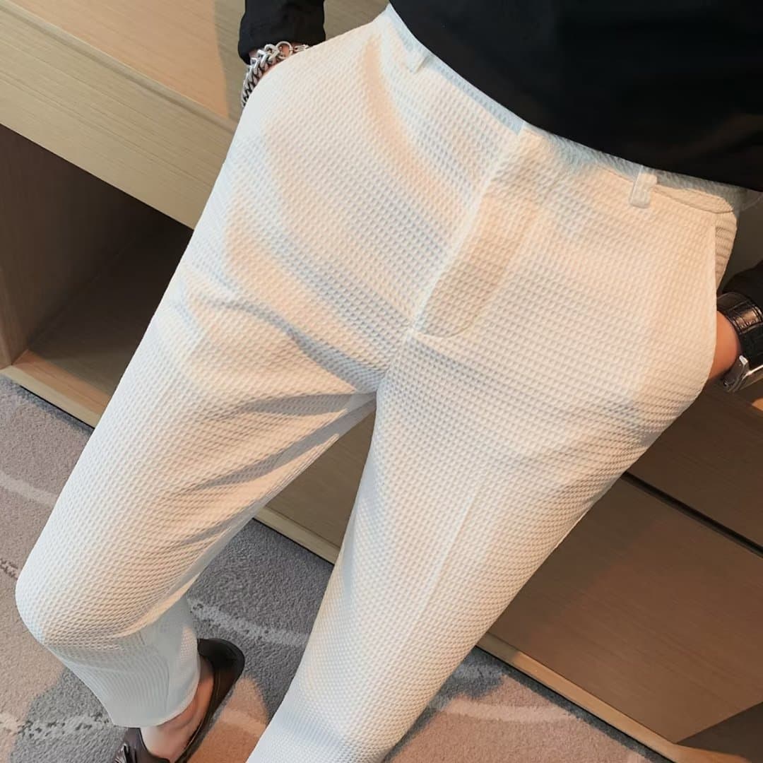 Men's Clothing Waffle Casual Trousers Summer Thin Business Suit Trousers Slim Fit Small Feet Free Ironing High End Suit Trousers