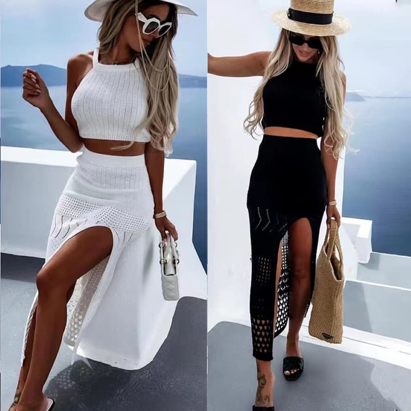 Women's Clothing Sexy Beach Skirt Suit Summer Sleeveless Knitted Short Top Long Slit Skirt