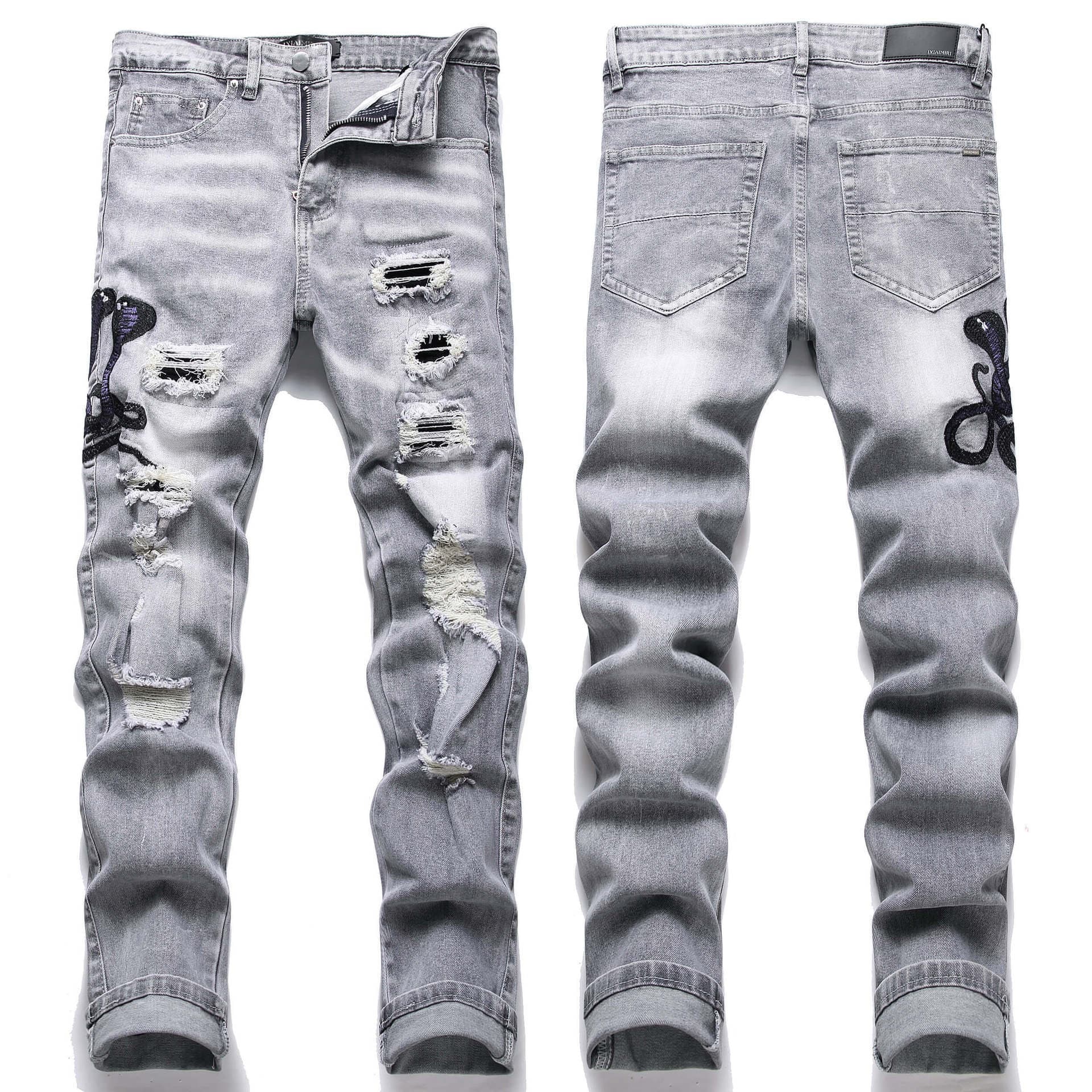 European Men's Light Blue Ripped Embroidered Jeans Men's Trendy Elastic Slim Fit American High Street Trousers