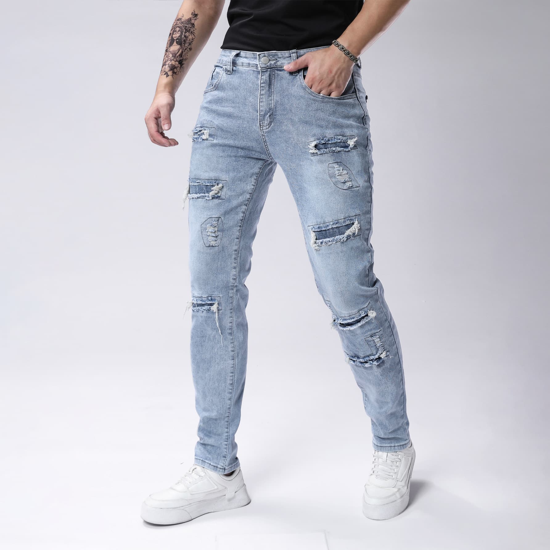Men's Distressed Stretch Jeans - Light Blue Streetwear Denim Pants With Ripped Details Fashion Trends