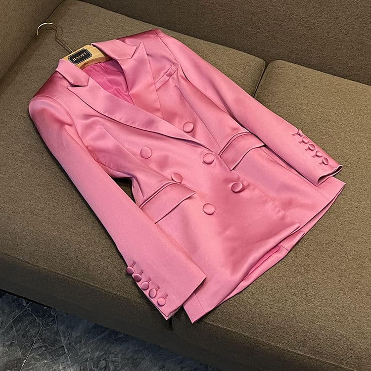 Women's Pink Satin Slim Fit Blazer Pencil Skirt Two Piece Set European American Style Party Outfit Fashion Commuting