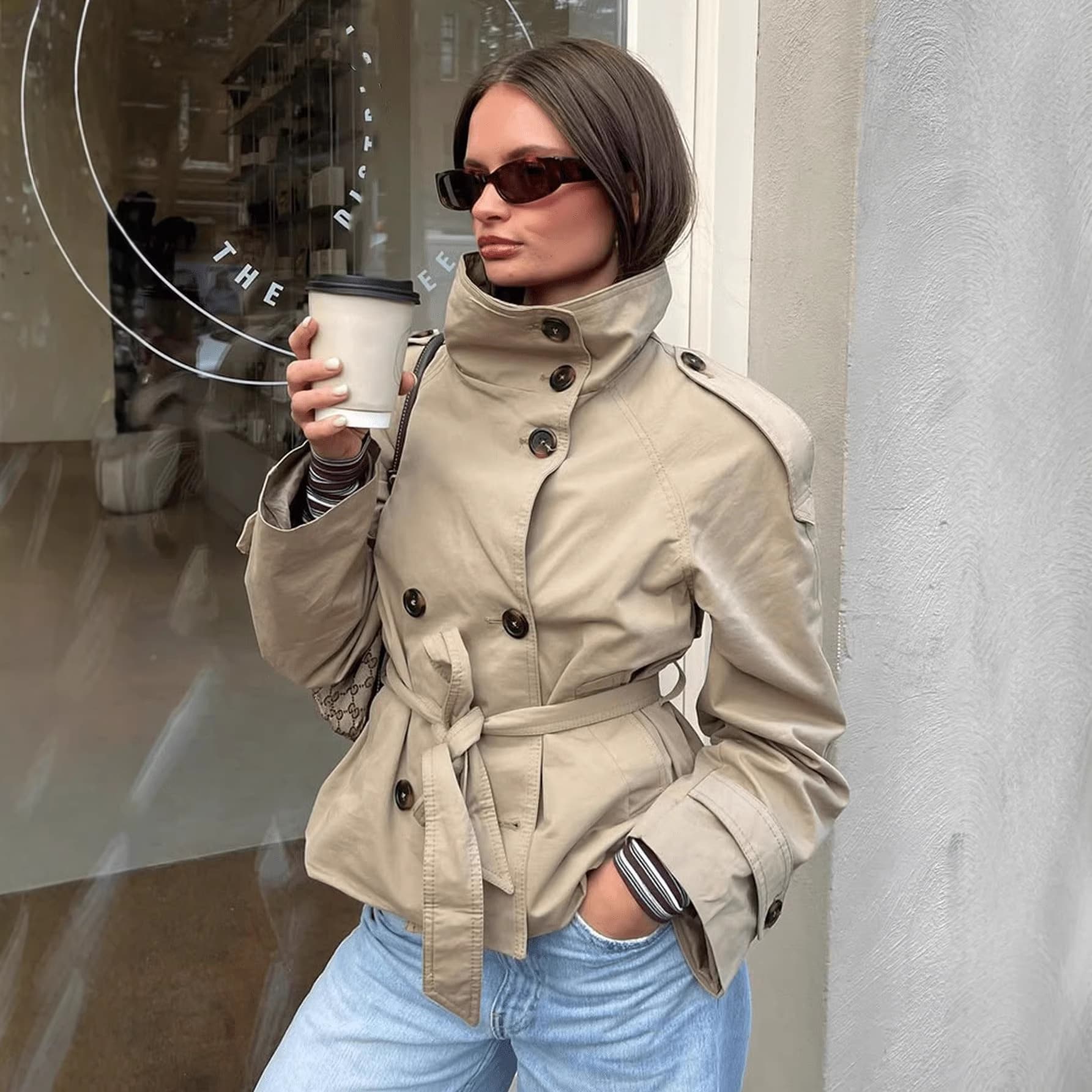 Women's Double-Breasted Trench Coat With Belt - Slim-Fit Long Sleeve Jacket, Stand Collar & Peplum Design, Office & Streetwear (Khaki, S/M/L)