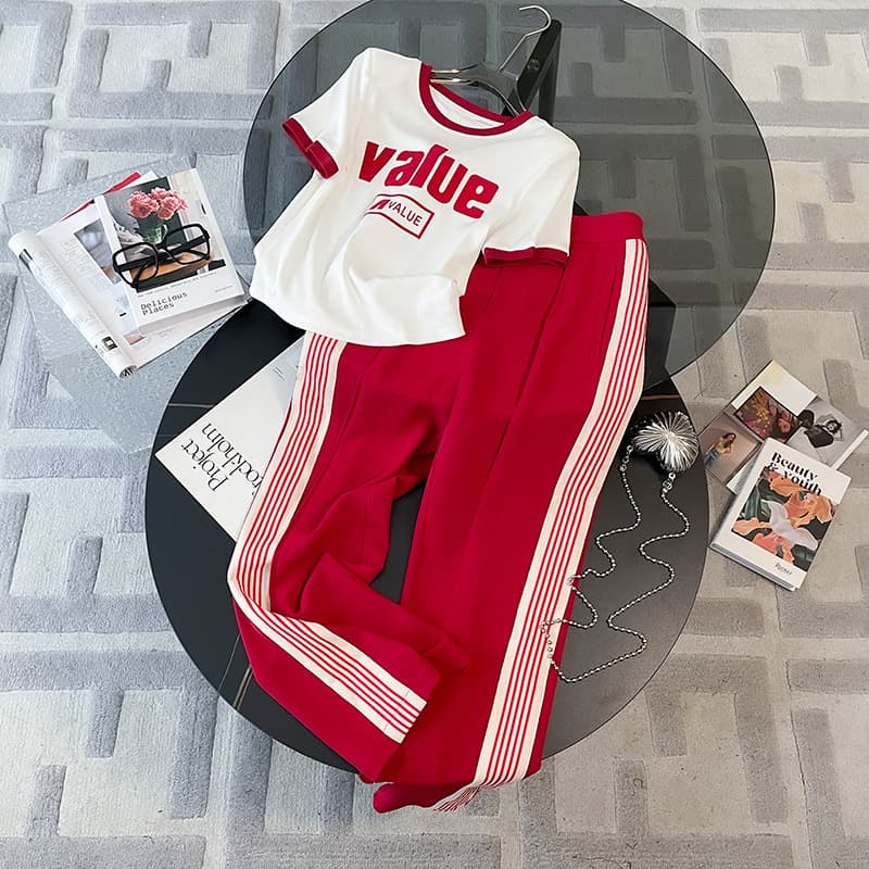 Women's Clothing Red Internet celebrity street casual sports suit women's summer wear fashionable short top design wide leg pants two piece suit