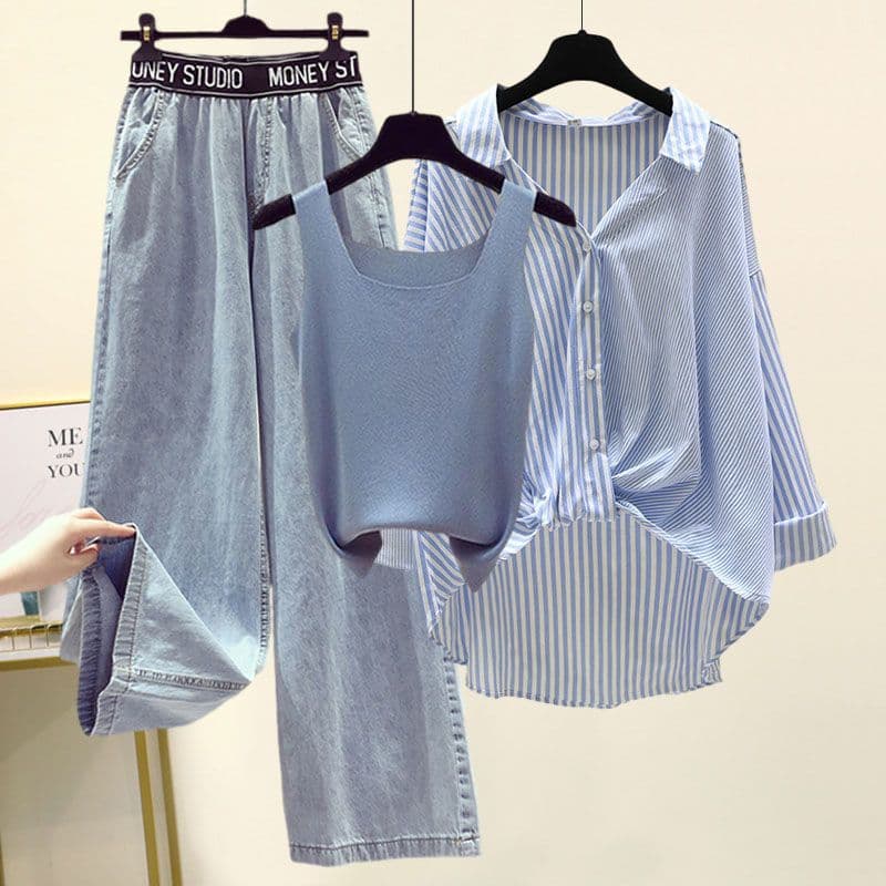 Women's Clothing fat girl summer suit female striped shirt small suspenders wide-leg jeans three-piece suit