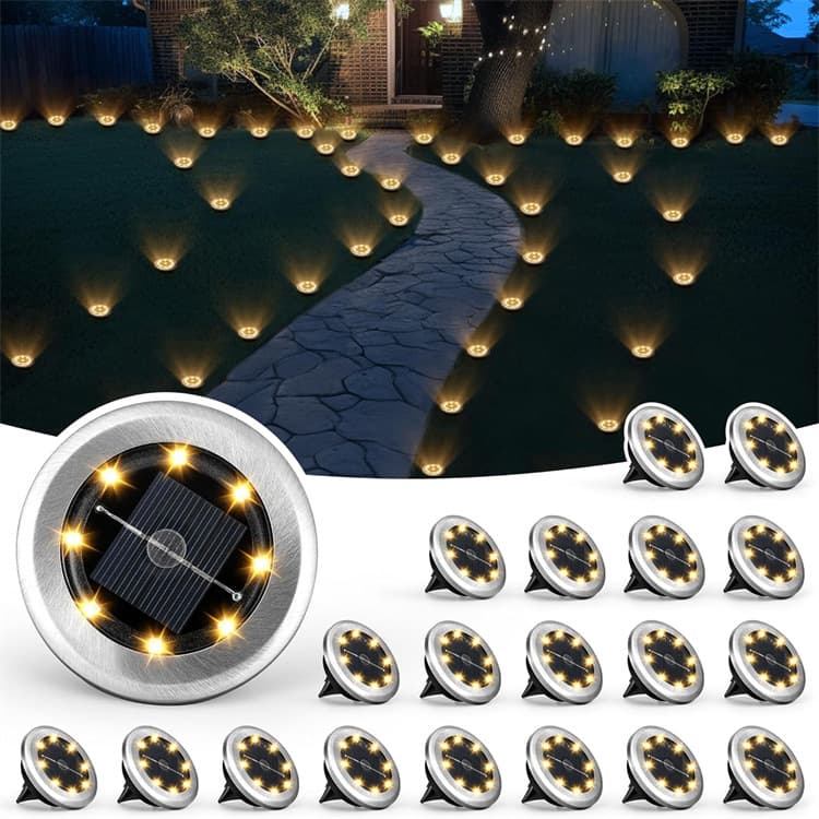 Solar-Powered 8 LED Stainless Steel In-Ground Light – Waterproof Garden & Pathway Lighting (White/Warm Light)