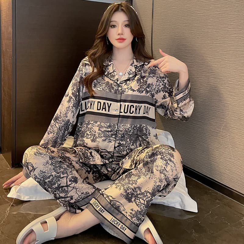 Spring and Autumn new ice silk pajamas women's ink painting long-sleeved trousers high-end elegant and comfortable loungewear