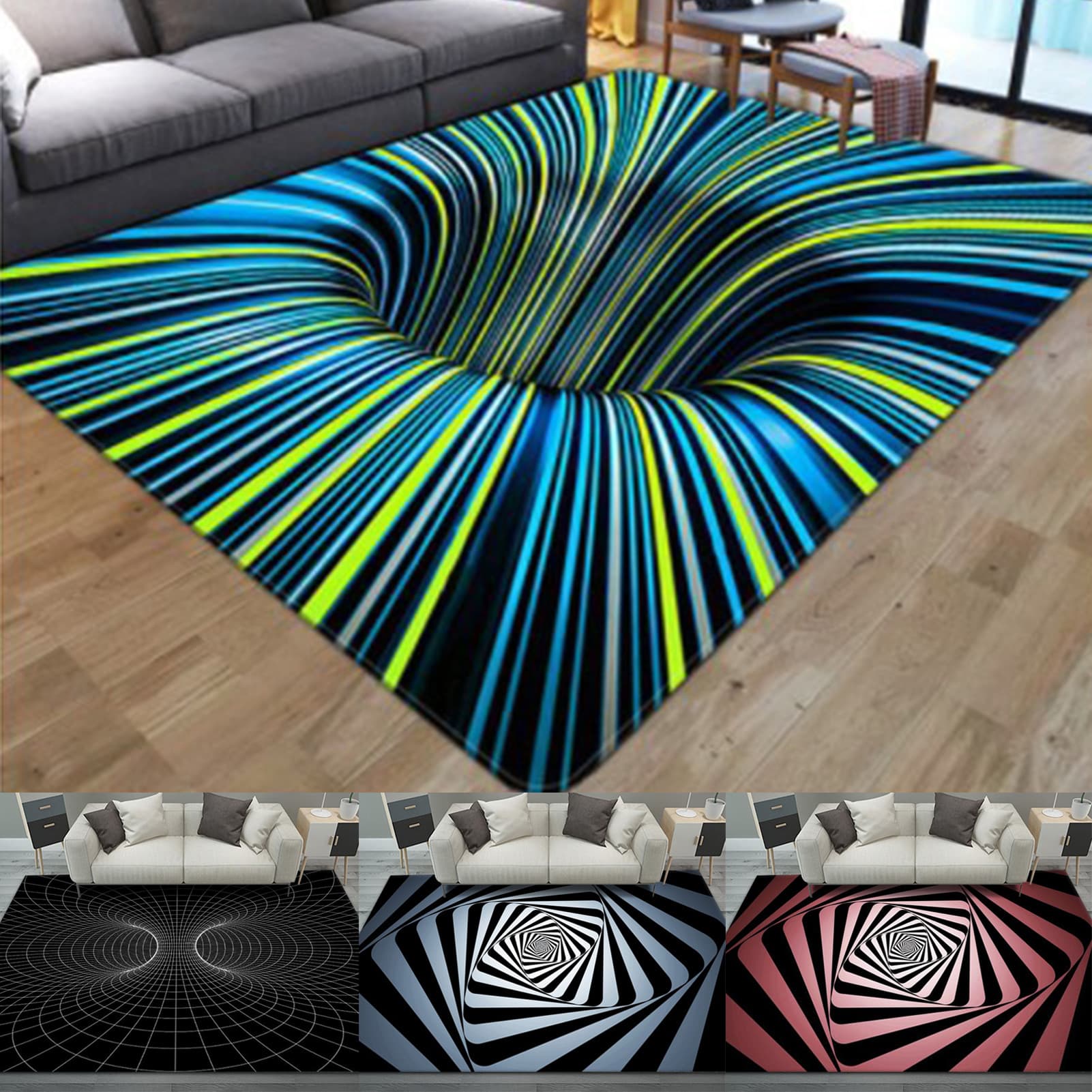 Sijiali Door Mat Abstract Geometric Pattern Non-Slip Polyester Machine Washable 3D Illusion Rug for Bedroom