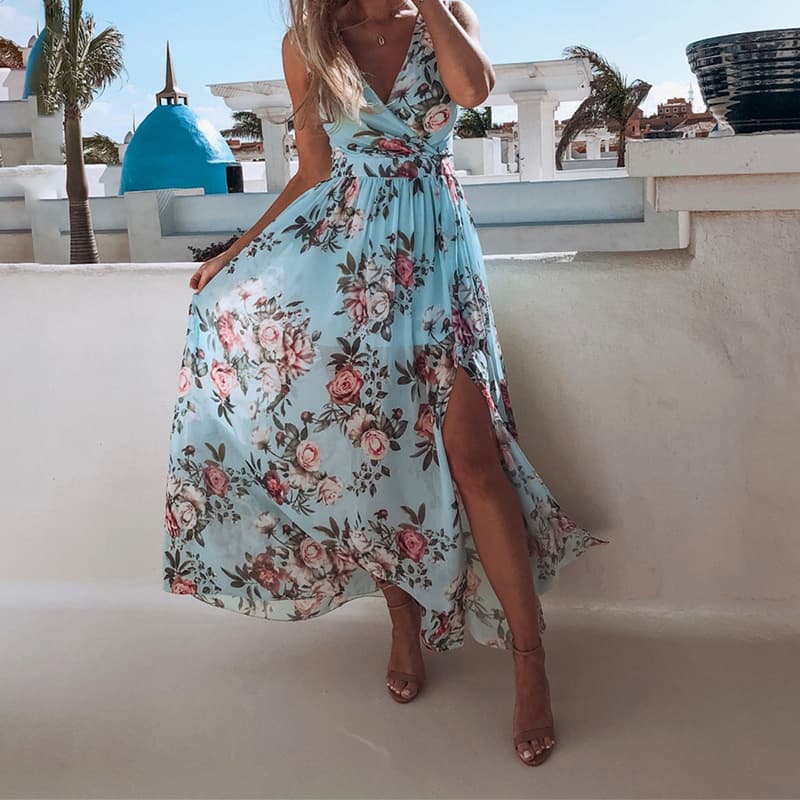 Women's Clothing 2026 New Spring And Summer Print Chiffon Dress Sleeveless Vacation Beach Slit Long Skirt