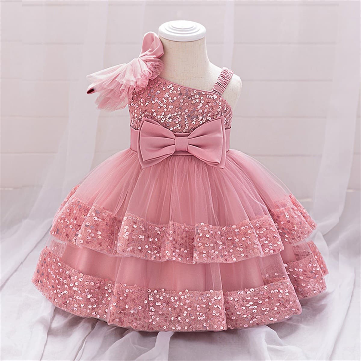 Girl's Princess Party Dress – Tulle & Cotton Blend (Dusty Pink/Avocado Green/Gray/Deep Purple, 6M-3Y, B-Class Safety, Flower Girl & Birthday Occasion)