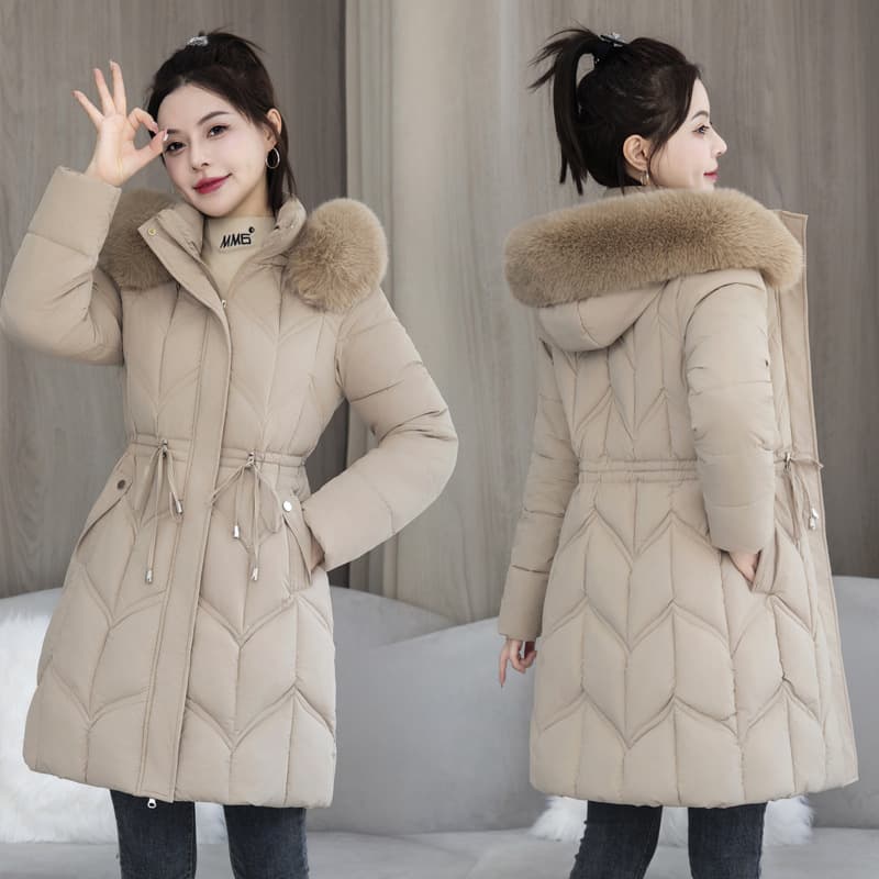 Women's Clothing Winter Down Cotton Jacket Women's Mid Length Style Waist Thickening Warm Large Fur Collar Cotton Jacket New Cotton Coat