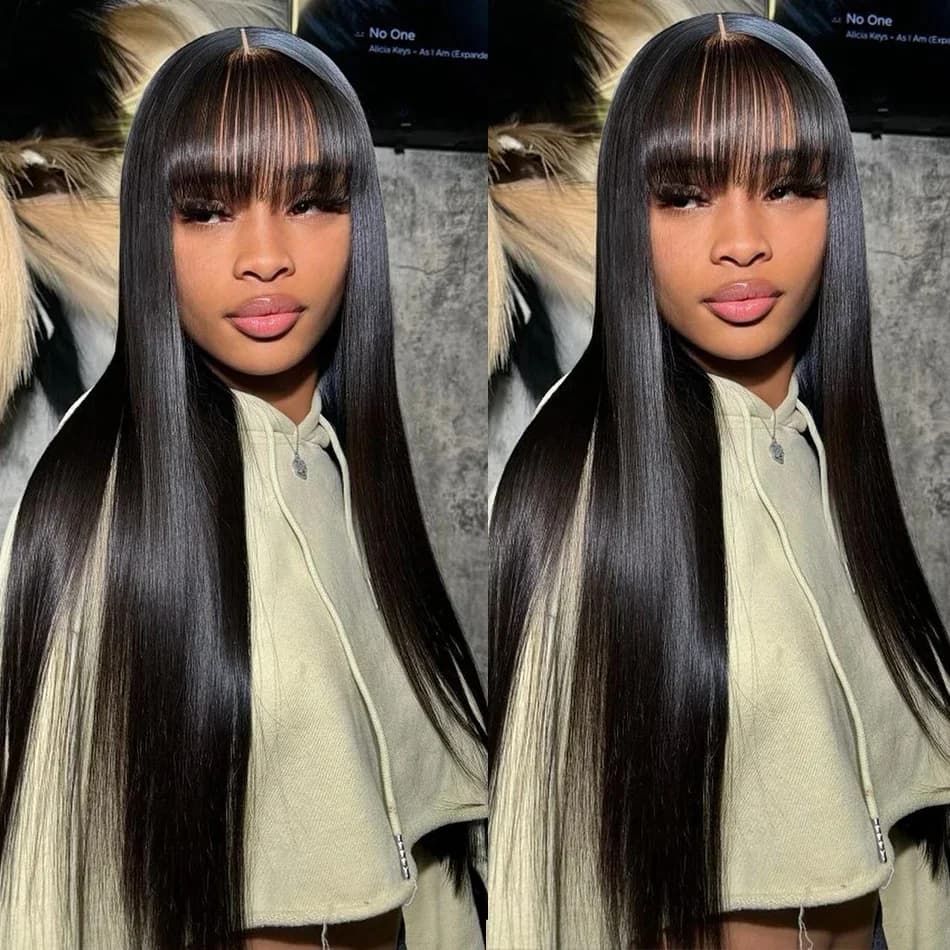 Brazilian Bone Straight Long 100% Human Hair Wigs With Bangs Natural Black Fringe Wig For Women