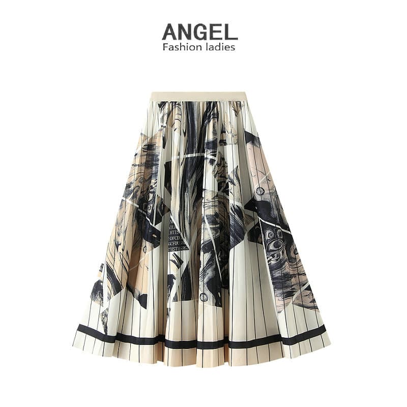 High-end Ink Wash Print Pleated Midi For Women 2025 Spring Summer New High Waist A-line Mid-length Skirt D2125