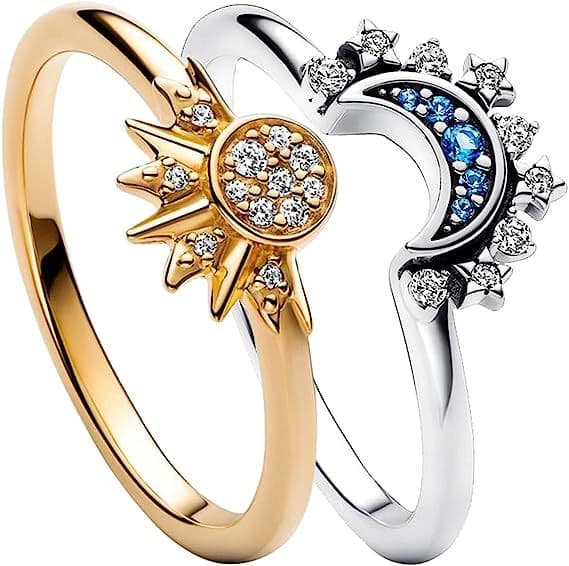 New Jewelry Simple and Shiny Sun Blue Diamond Moon Women's Two Piece Ring Set as a Gift for Girlfriend