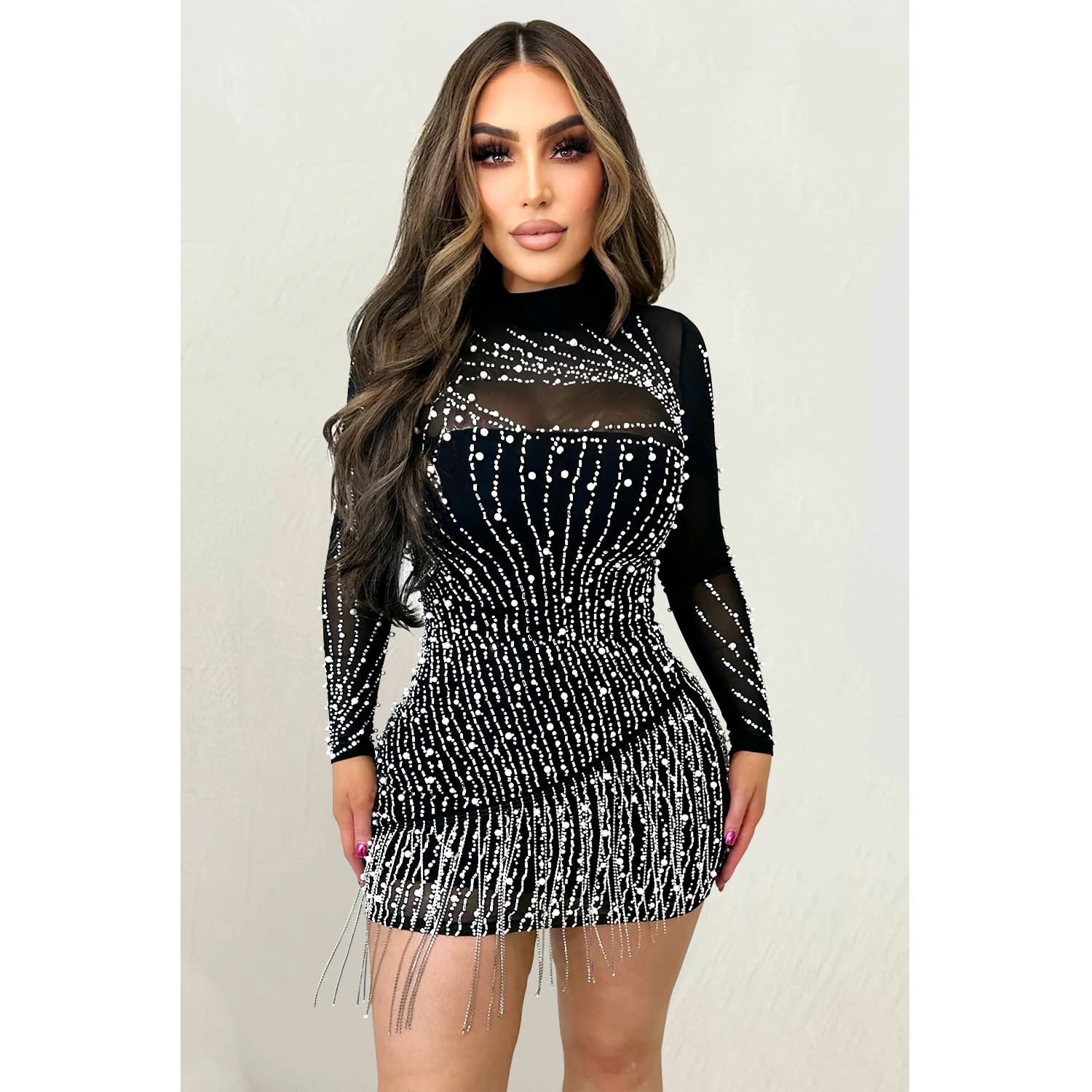 Women's Long-sleeved Mesh Hot Diamond Bubble Bead Short Skirt Dress Fashion