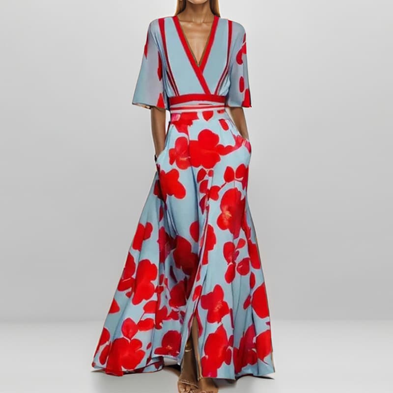 Women's Clothing Fashion Elegant Temperament V Neck Printed Pleated Large Skirt Long Dress