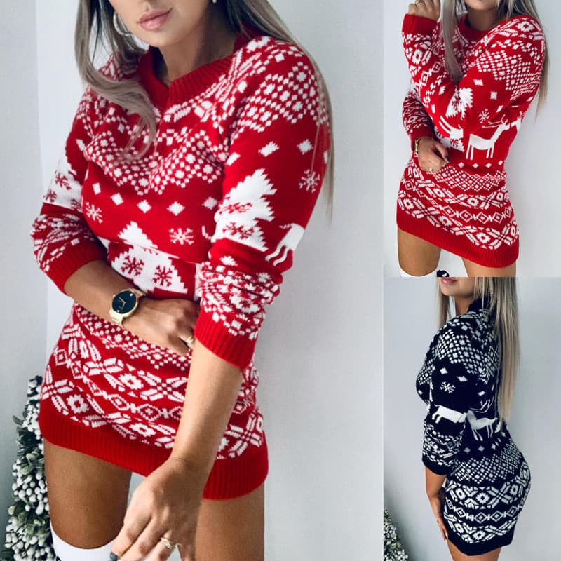Women's Knitted Sweater Dress Long Sleeve Round Neck A-Line Christmas Theme Soft Acrylic Blend Comfortable Winter Pullover