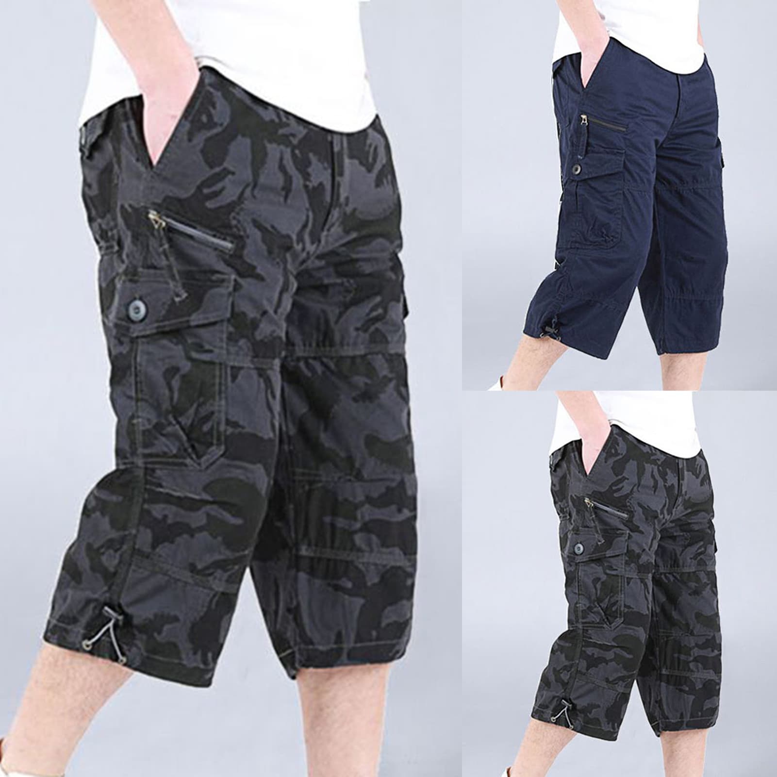 Weizhifu Zipper Closure Capri Pants Elastic Waist Casual Multi Pockets High Waist Straight Cargo Shorts Streetwear