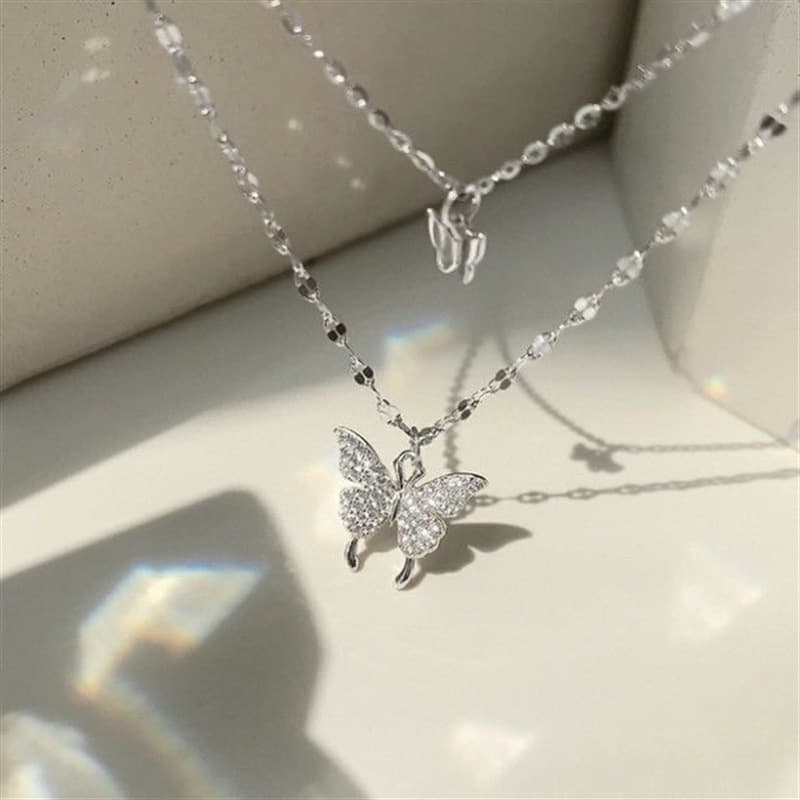 New Trendy Rhinestone Butterfly Double Layer Necklace For Women Versatile Simple Design Niche Light Luxury Elegant