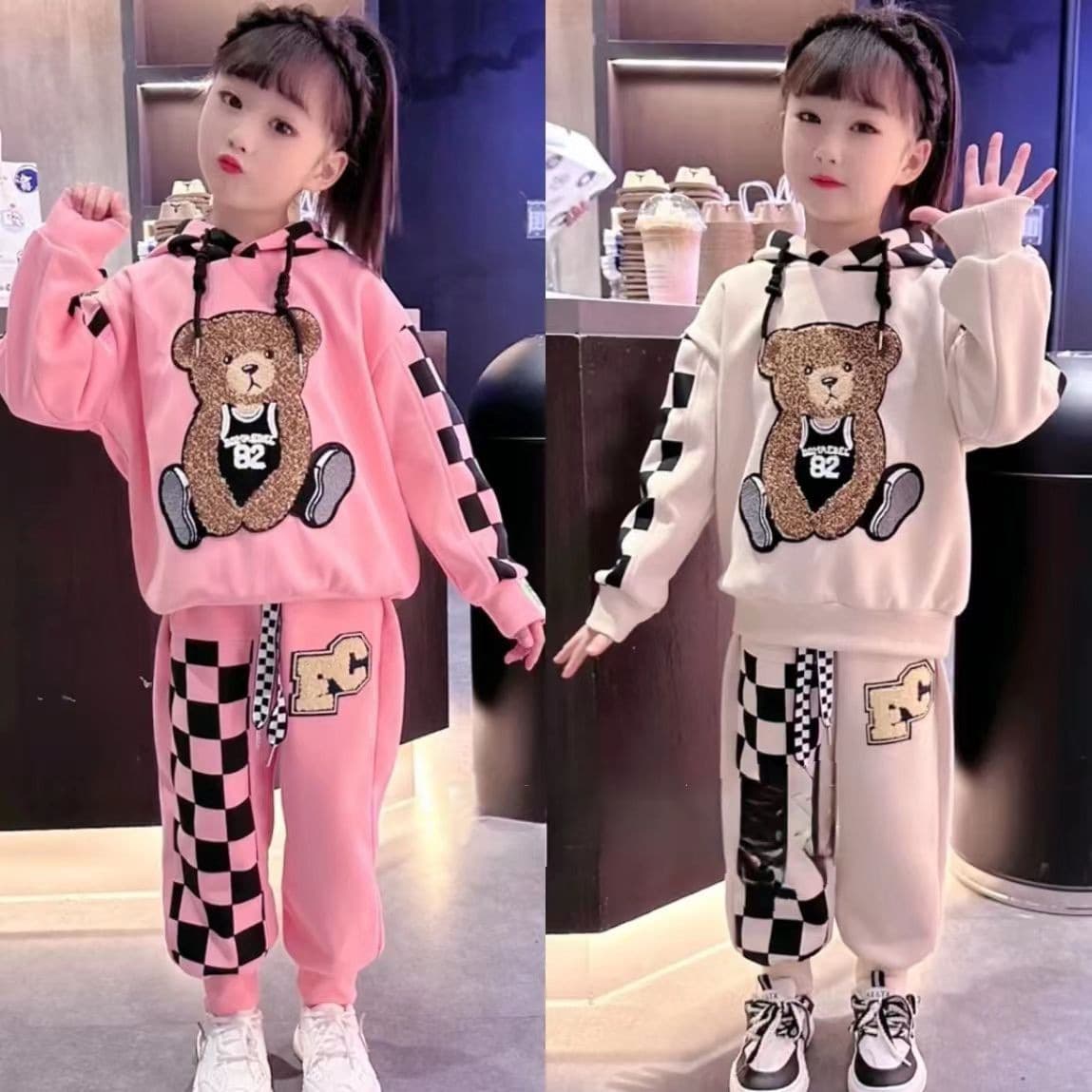 Mother & Kids 2024 new girls hooded sweatshirt suit spring and autumn style western style chessboard bear spring clothes internet celebrity trend