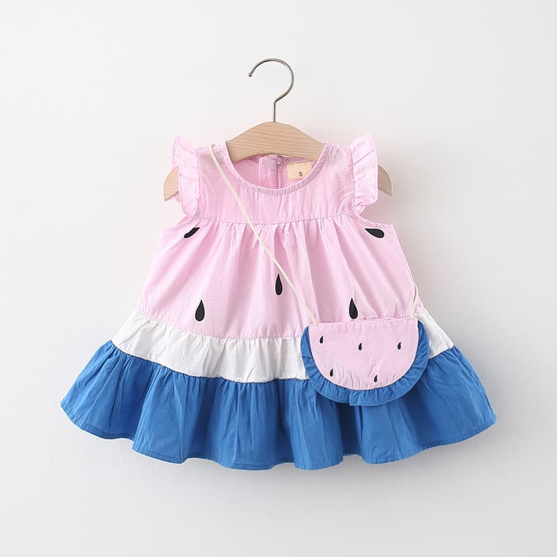 Summer Girls Dress New Children's Clothing Cute Round Neck Small Flying Sleeves Splicing Cake Skirt Sweet Contrast Color Vest Skirt