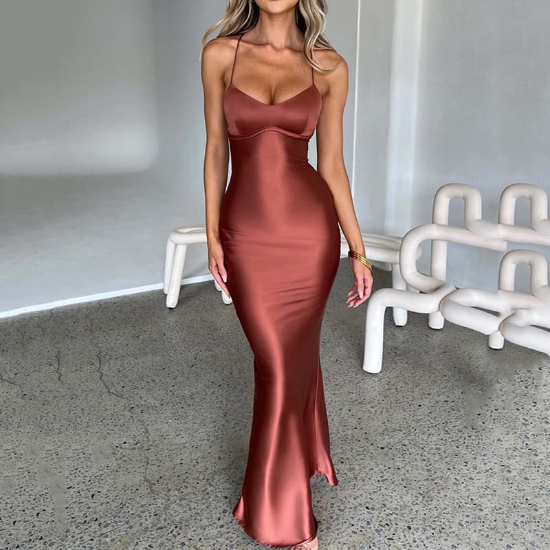 Women’s Clothing Women's Sexy Strappy Satin Dress Fall New Fashion Backless Strappy Waistband Long Skirt