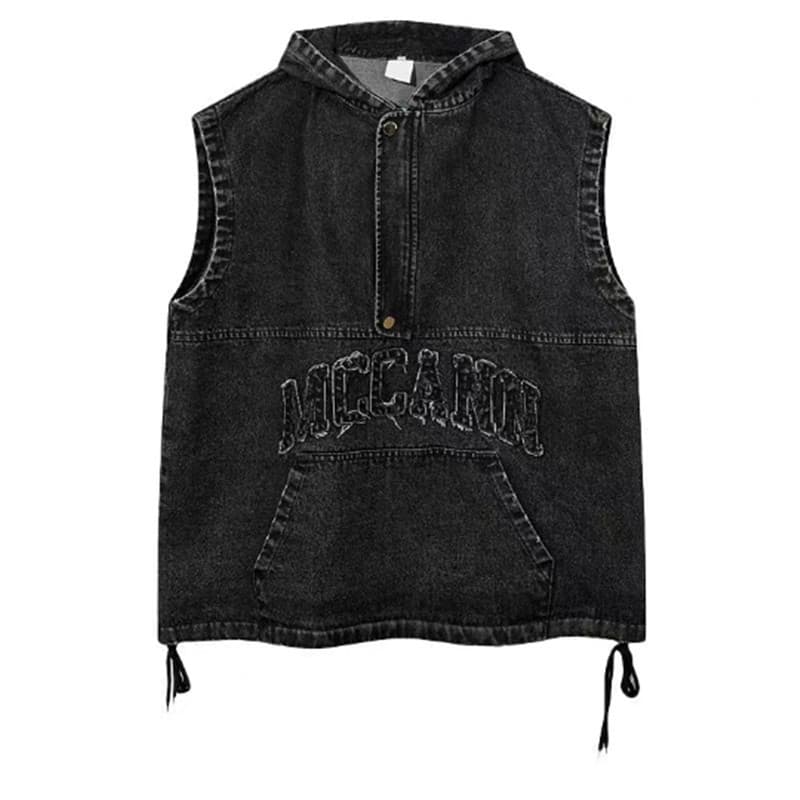 Men's Clothing retro letter patch washed hooded vest men's loose bf denim jacket vest denim