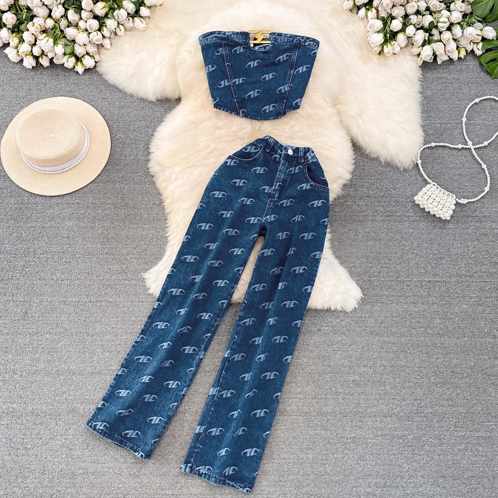 Fashion Suit For Women, Retro Temperament, Tube Top Denim Vest, Two-piece Set, Casual High-waist Slim Straight Pants