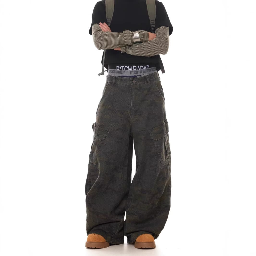 Jean cargo camouflage rétro pour homme - Pantalon ample d'inspiration militaire avec plusieurs poches, coupe droite et délavage vieilli