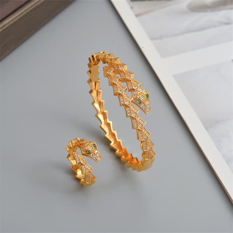 Women's Jewelry Silver Micro Pave Zircon Snake Bone Bracelet Full Diamond Jewelry Ring Open Staggered Elegant Fashion Light Luxury