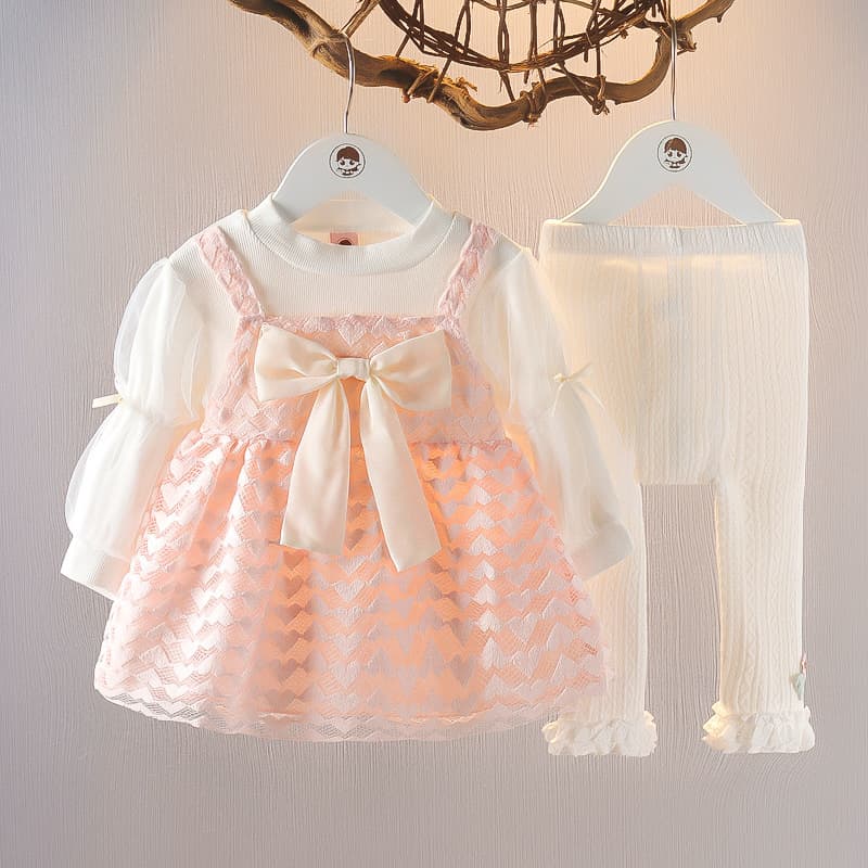 Children's clothing Autumn girls' long sleeve fake suspenders dress two-piece baby girls' autumn puffy sleeves
