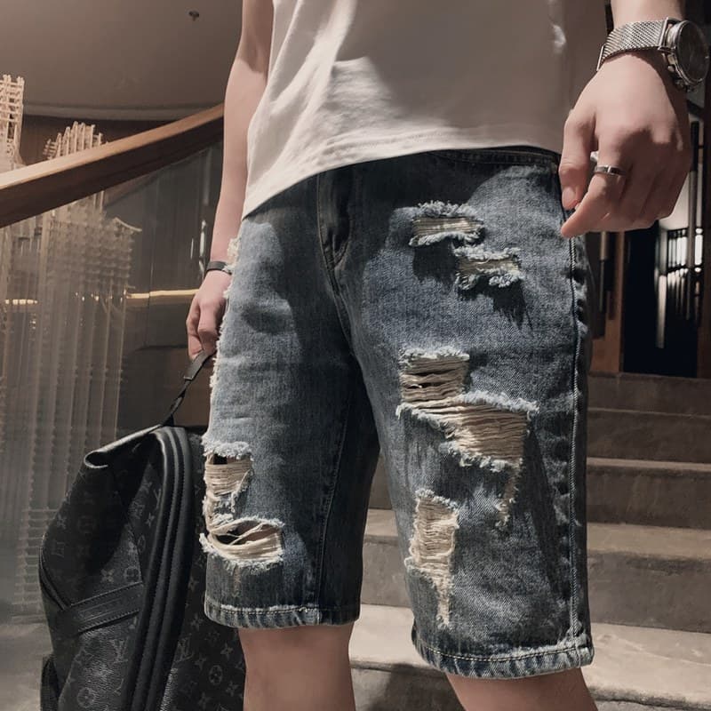 Men's Clothing Summer Ripped Denim Shorts Men's Fashion Brand Trendy Casual Straight Leg Shorts Spirited Guys Mid Length Pants
