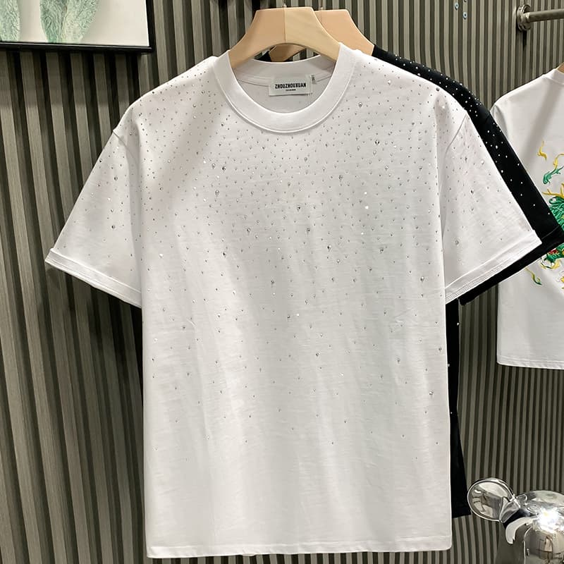 Marque de mode européenne tendance luxe léger hommes court Internet célébrité niche diamant chaud haut de gamme col rond demi