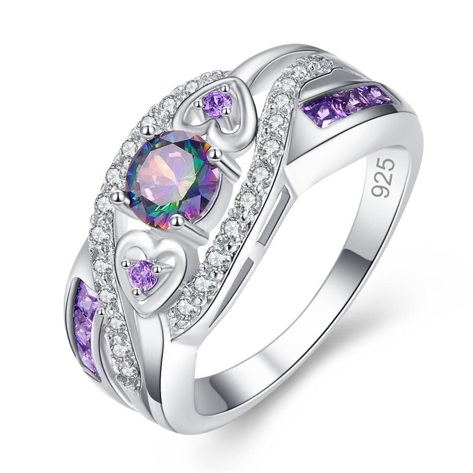 Cao Shi heart-shaped amethyst ring color zircon plated white gold and silver ring hand jewelry