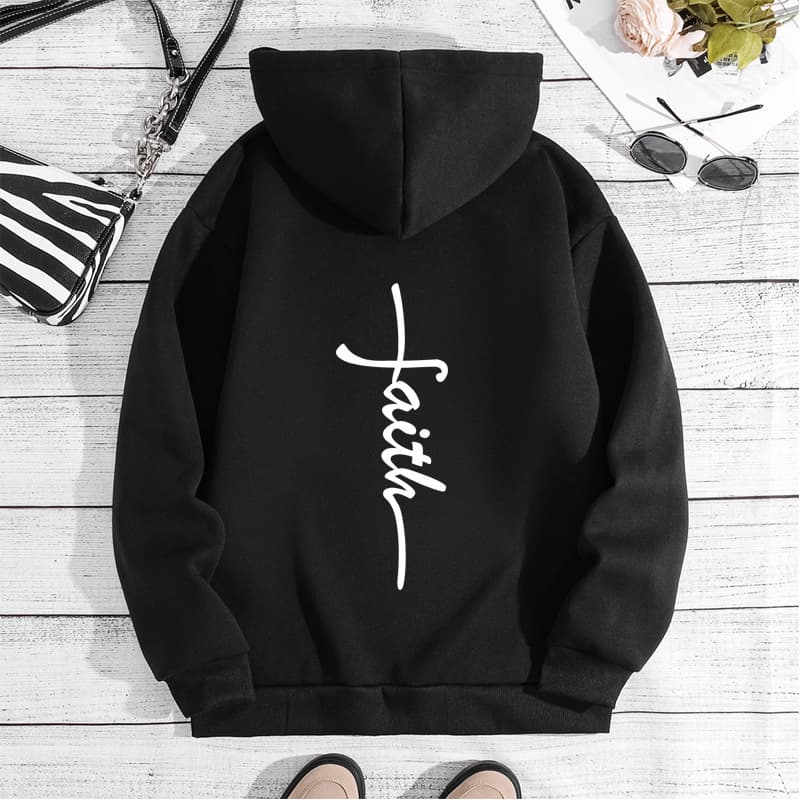 Men's Clothing sweatshirt faith fashion printed hooded back collar plus velvet sweatshirt