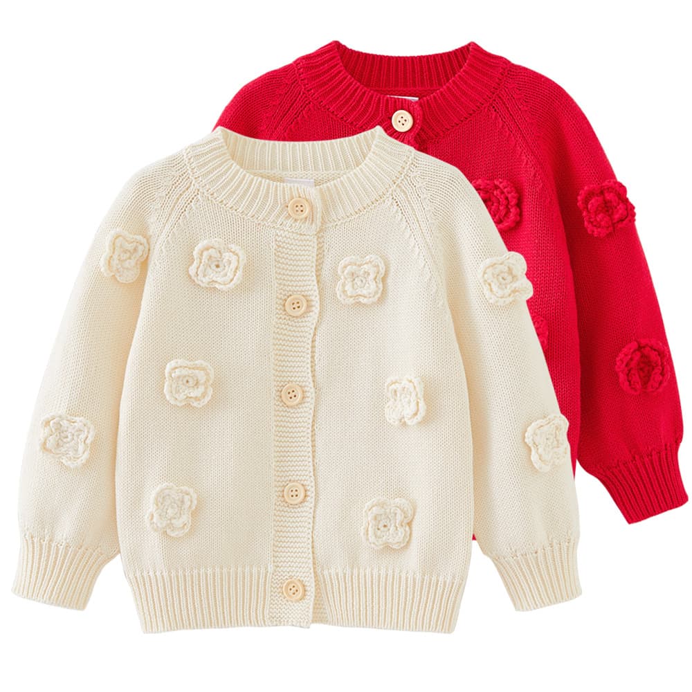Spring And Autumn Round Neck Handmade Flower Knitted Cardigan Long-sleeved Coat For Baby Girls Sweater