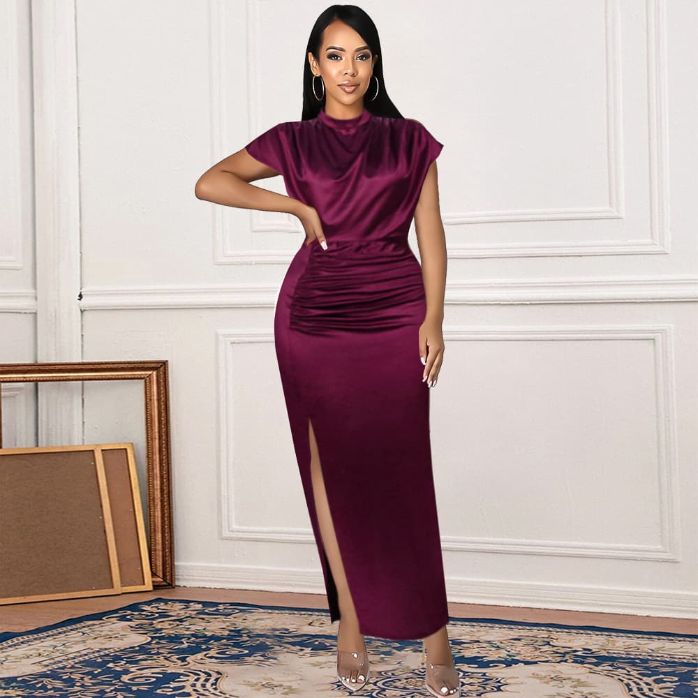 Women's High-neck Pleated Long Skirt Solid Color Dress Slit Style High-waisted Temperament Hip-hugging Commuter Dress