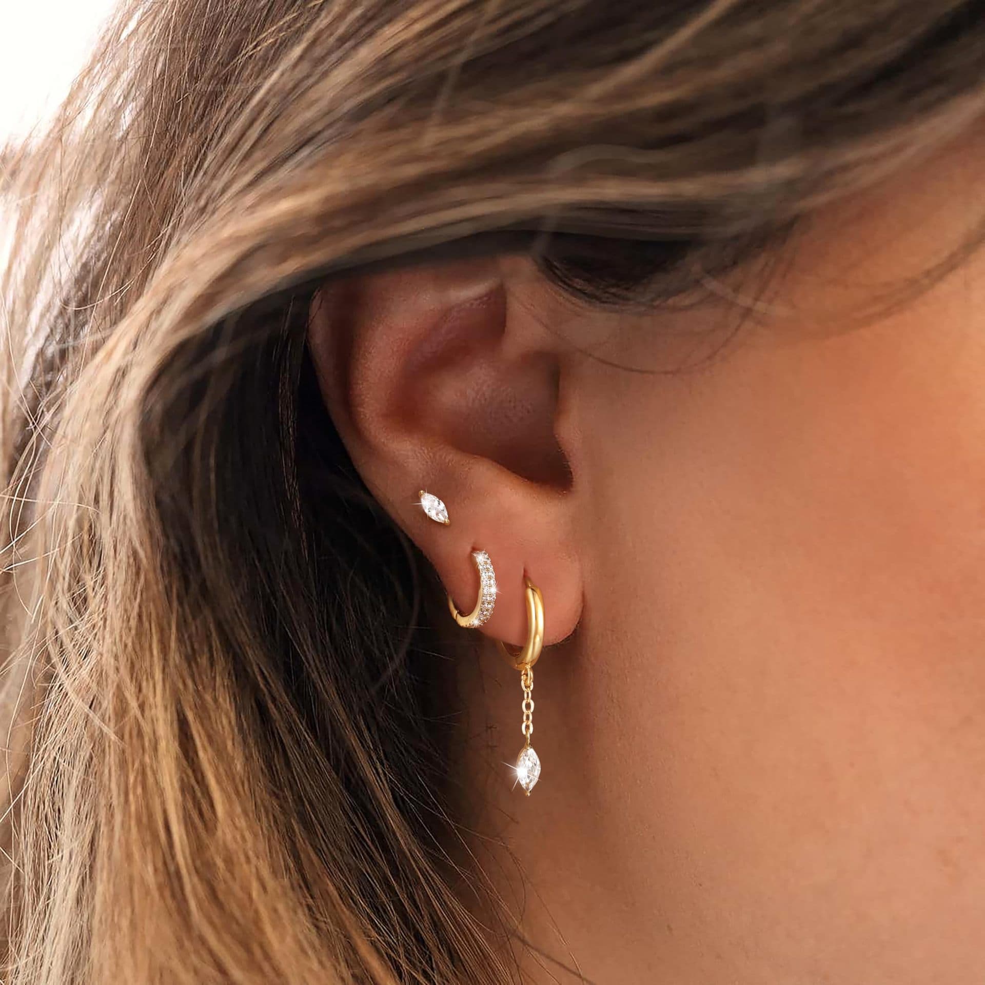 Unisex Hot Sales Real Gold Brass Electroplating Inlaid Zircon Geometric Hoop Earrings Full Diamond Leaf Earrings Set