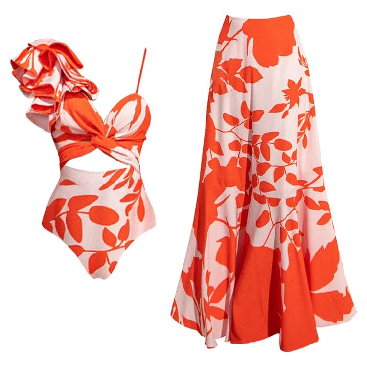 Women's Clothing Swimwear New Ruffled Printed One Piece Swimsuit Holiday Suit Female Hot Style