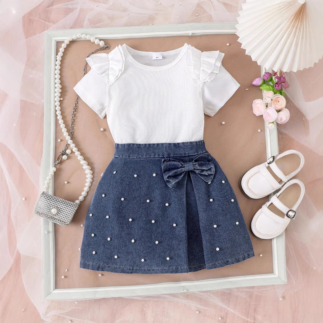 Girls' Summer Outfit Set – Sleeveless Solid Top + Sparkle Bow Short Skirt (3-8Y, Soft & Breathable, Playful & Stylish)