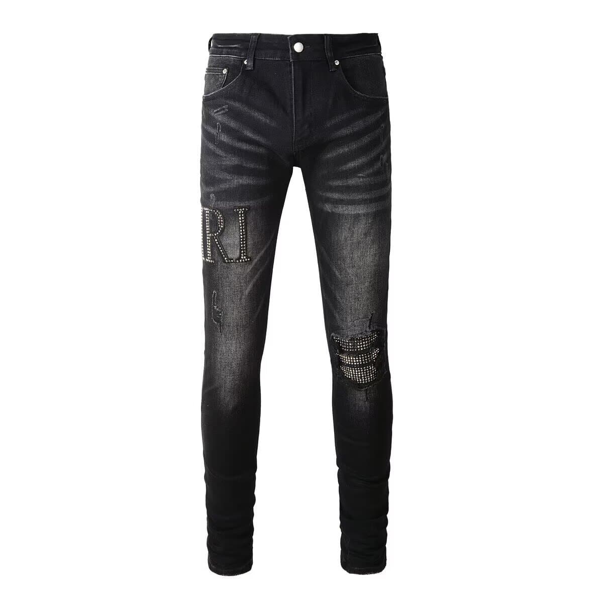 Jean noir slim déchiré, coupe slim, orné de strass, style streetwear de luxe, neuf en denim pour homme