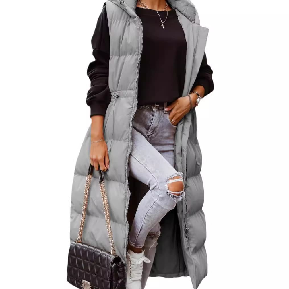 Women's Long Sleeveless Hooded Vest – Slim Fit Zip-Up Puffer Gilet, Casual & Chic Layering Piece, Lightweight Quilted Outerwear