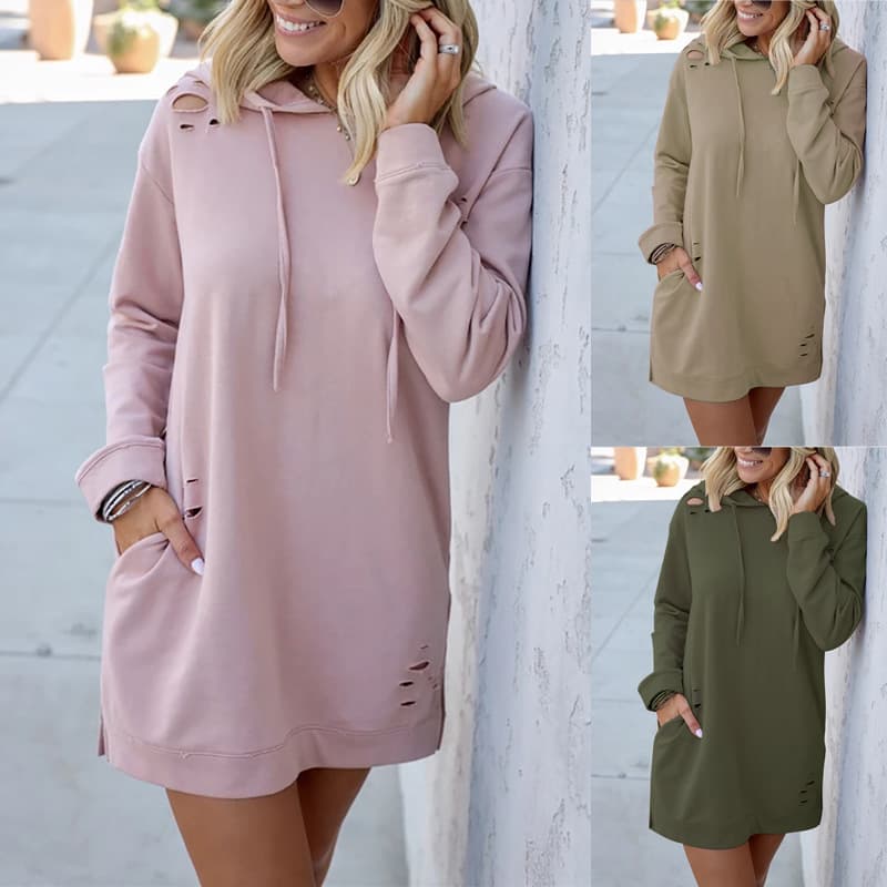 Women's autumn and winter mid-length loose long-sleeved hooded solid color sweater jacket for women