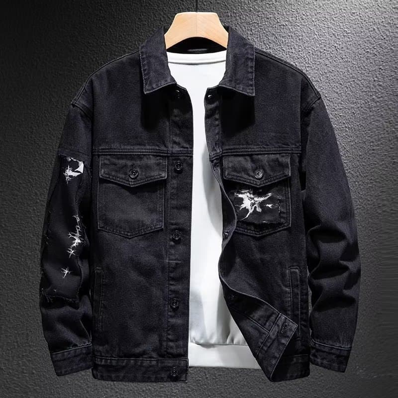 High Street Denim Jacket Men's Clothing Spring And Autumn New Motorcycle Lightning Splicing Jacket Black Trendy Brand